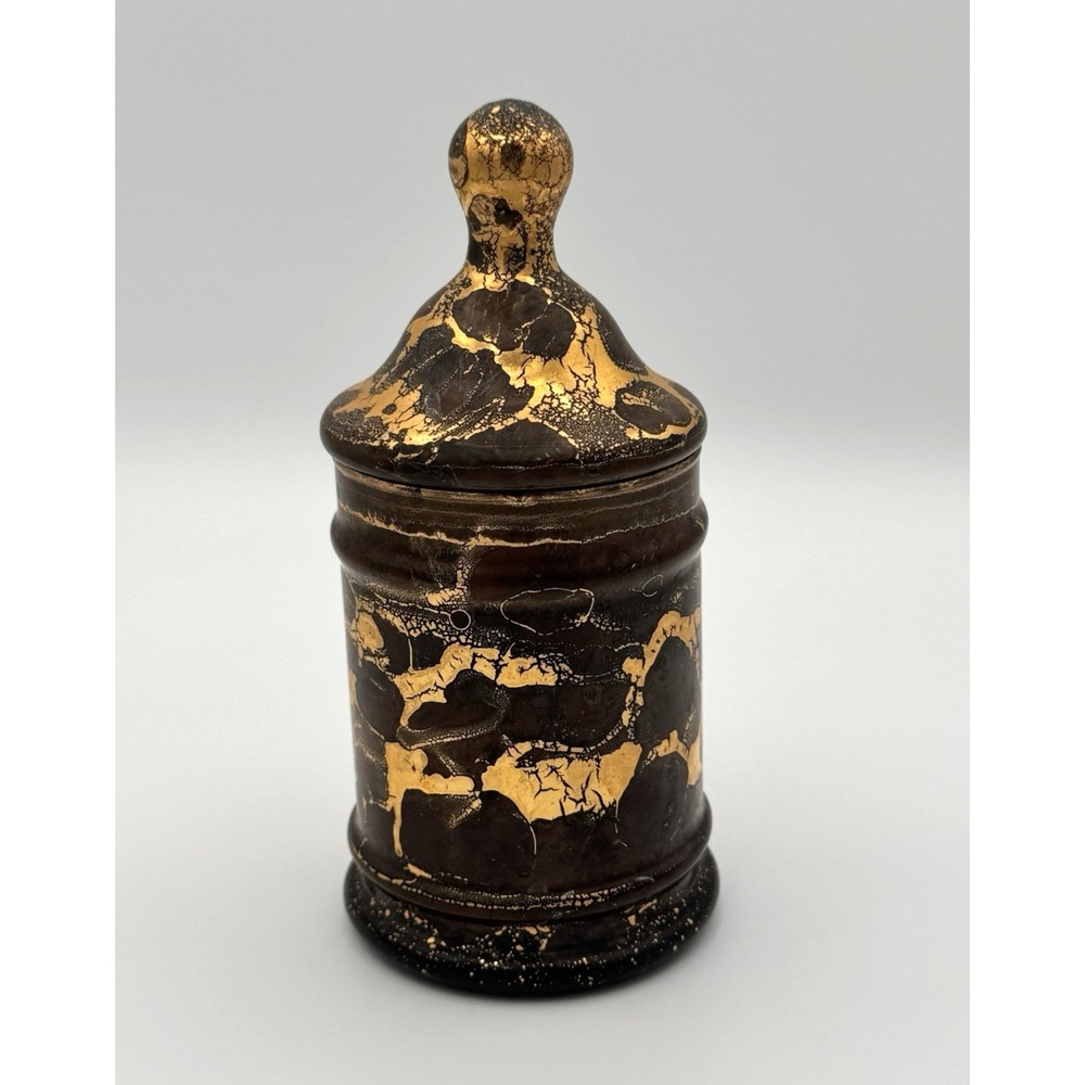 Vintage Brown Black Gold Mottled Glass Apothecary Lidded Jar Canister Decor
